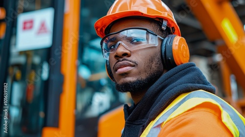 Construction Worker with Ear Protection in Action