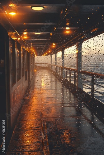 A ferry, the interior of the deck, lights on both sides of it shining with a golden glow, water outside, a wet floor