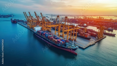 Freight cranes and cargo ships at a busy seaport