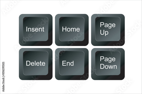 computer keyboard key, insert home page up down end delete keys, Close up view of six keys on a computer keyboard modern laptop or computer, Top view, Space for text. black and white