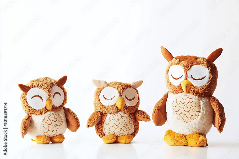 Fototapeta premium set of three endearing plush owl toys perched on invisible surface, white background