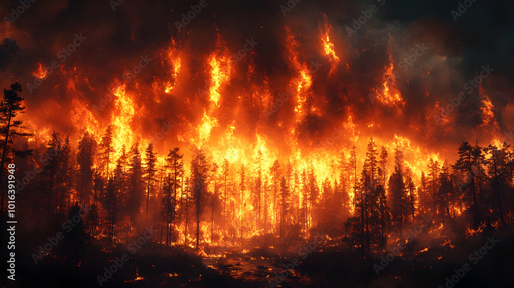 Raging wildfire engulfing a vast forested landscape,with towering flames and thick billowing smoke clouds creating an apocalyptic and dramatic scene. Raging wildfire engulfing a vast forested landscape,with towering flames and thick billowing smoke clouds creating an apocalyptic and dramatic scene.