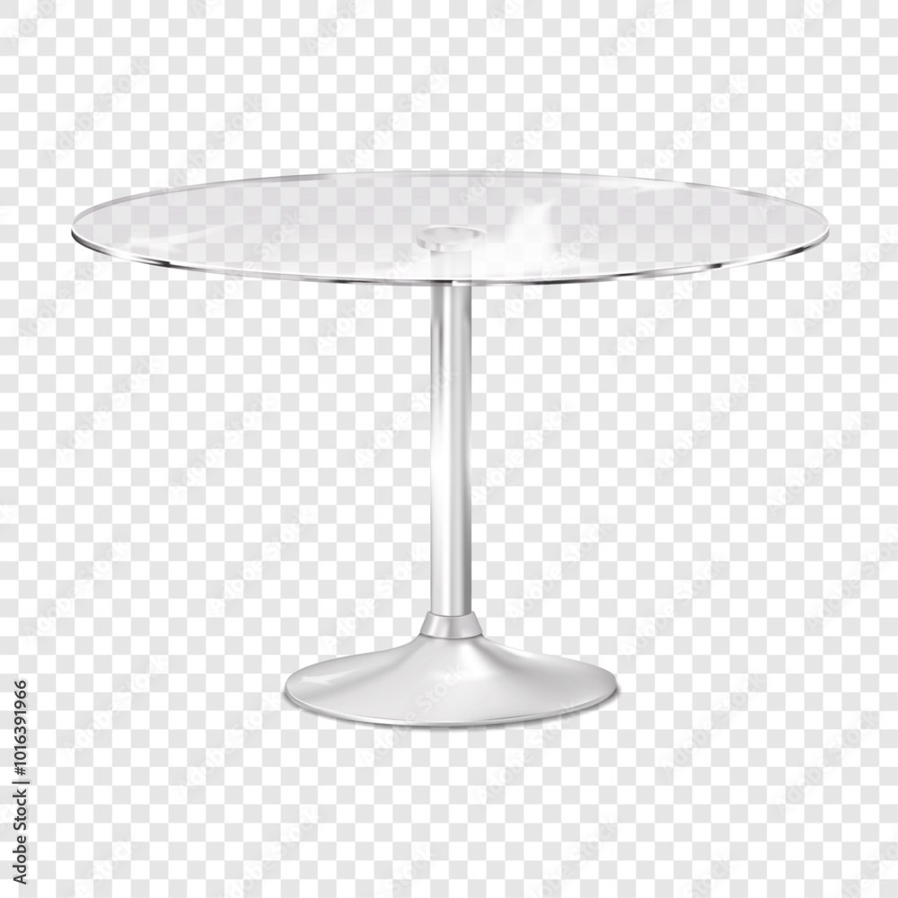 Table with round clear glass countertop on one metal leg with circle base on transparent background. 3d mockup. Plexiglass circular counter single pedestal desk. Realistic vector mock-up Table with round clear glass countertop on one metal leg with circle base on transparent background. 3d mockup. Plexiglass circular counter single pedestal desk. Realistic vector mock-up