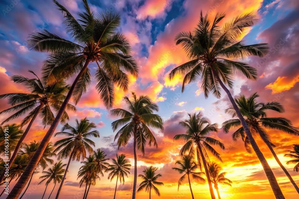 Palm trees isolated against sunset sky, captured in low angle macro