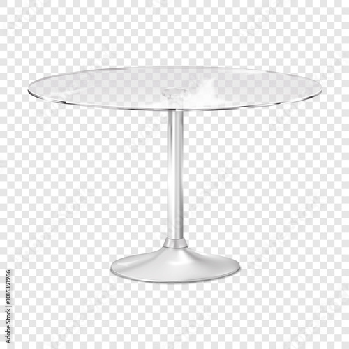 Table with round clear glass countertop on one metal leg with circle base on transparent background. 3d mockup. Plexiglass circular counter single pedestal desk. Realistic vector mock-up