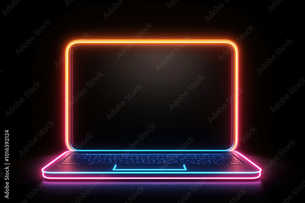 Glowing neon outlined laptop against a black background with vivid colors of orange, blue, and pink highlighting the edges of the device. Glowing neon outlined laptop against a black background with vivid colors of orange, blue, and pink highlighting the edges of the device.