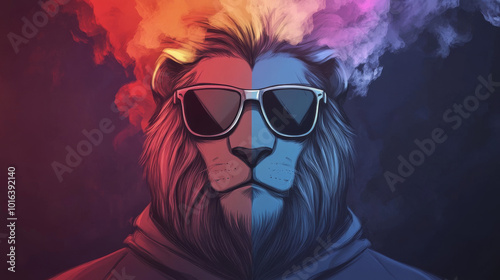 A cool lion with sunglasses and a split face of red and blue, surrounded by smoky vapor.