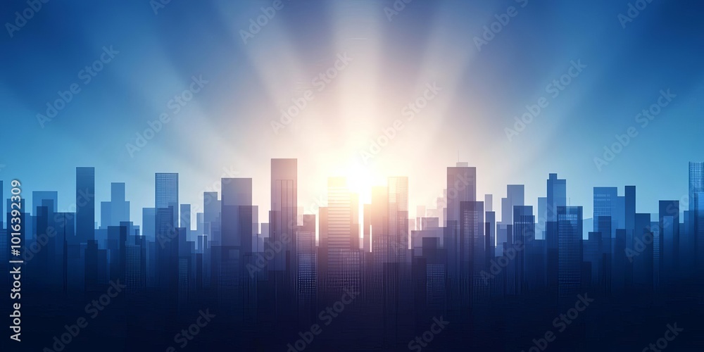 Obraz premium City skyline silhouette with bright sunrise in the background.