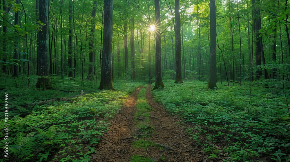 Serene Pathway Through Lush Green Forest Serene Pathway Through Lush Green Forest