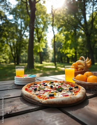 View of delicious chesse pizza on wooden table photo