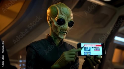 An alien holds a smartphone in his hands and watches the news