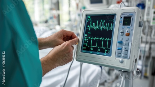 Doctor s Hand Adjusting Electronic Pressure Monitor During Checkup Vital Signs Monitoring with Deep Depth of Field photo