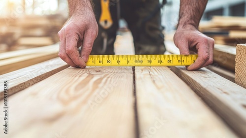 A person measuring wooden planks with a tape measure in a construction setting. photo