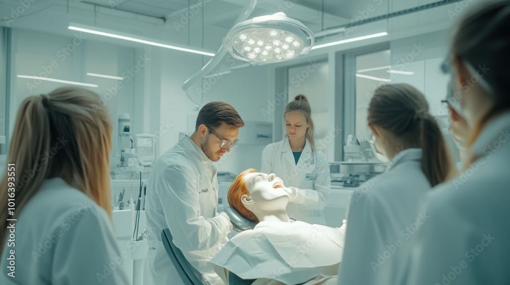 Fototapeta premium A medical training session in an operating room with a mannequin.