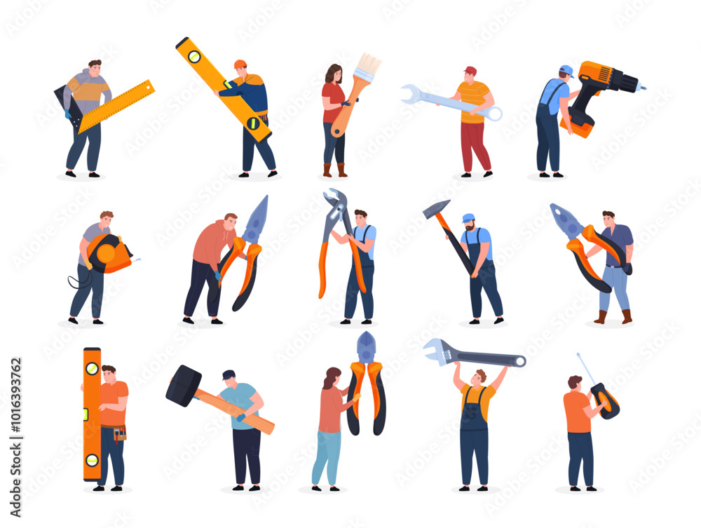 Illustration of tiny people using different tools for different activities such as measuring, painting and repairing equipment. Illustration of tiny people using different tools for different activities such as measuring, painting and repairing equipment.