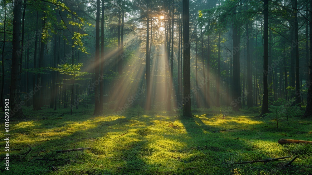 Obraz premium Sunlight Shining Through Trees in Serene Forest