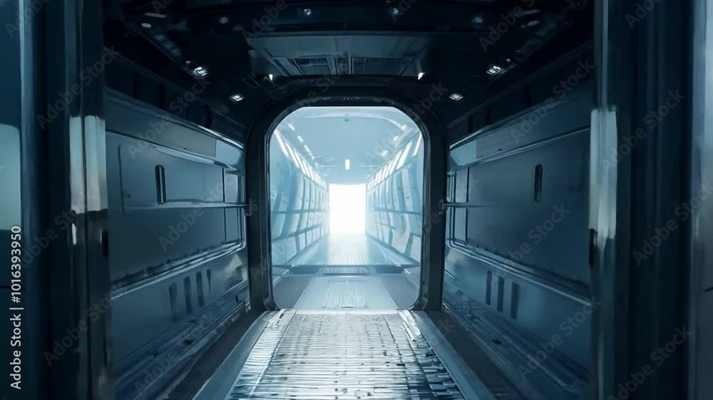 A door in a high-tech spaceship opens the view to other areas.