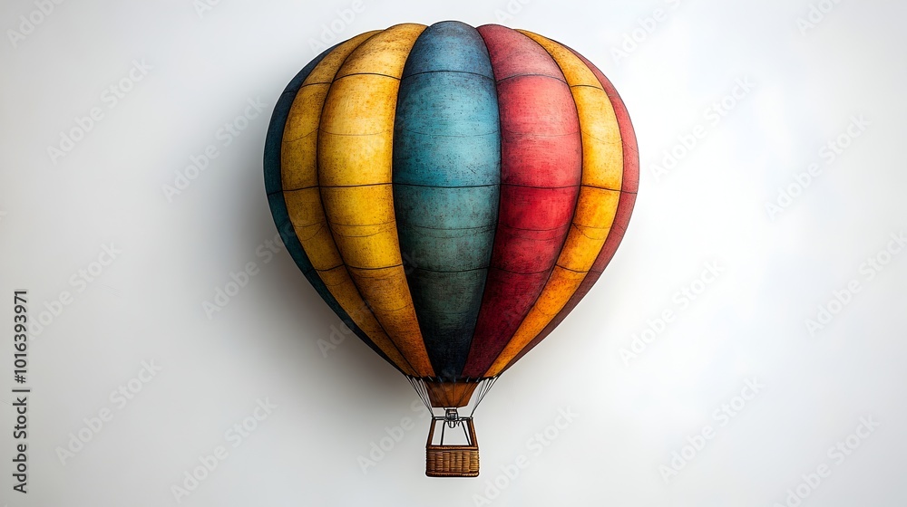 Fototapeta premium Striking image of a vibrant,colorful hot air balloon gracefully drifting through a tranquil,azure sky filled with wispy clouds. This captivating aerial scene evokes a sense of the freedom of flight.