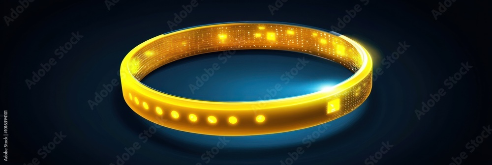 A glowing yellow bracelet with lights, suggesting technology and innovation. A glowing yellow bracelet with lights, suggesting technology and innovation.