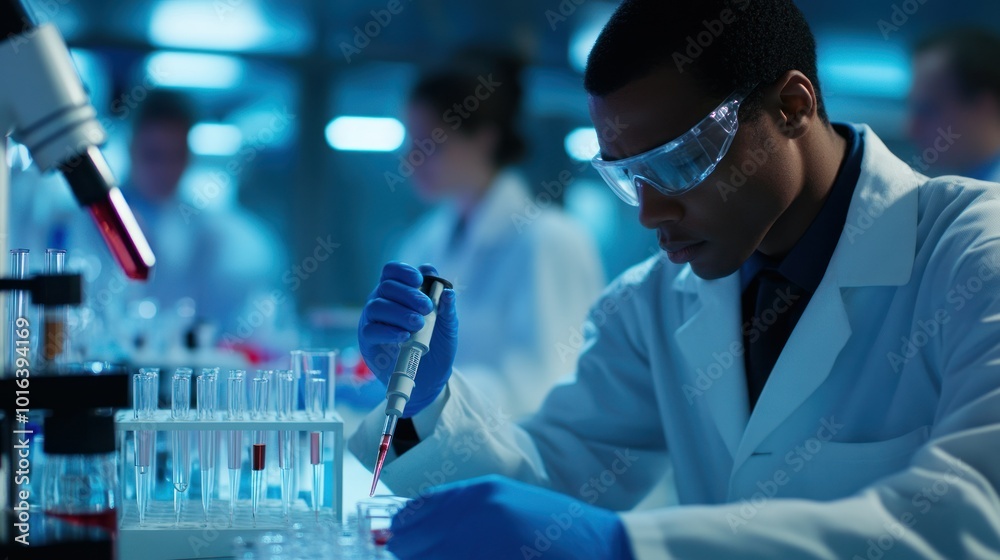 A scientist conducts experiments in a laboratory using pipettes and test tubes. A scientist conducts experiments in a laboratory using pipettes and test tubes.