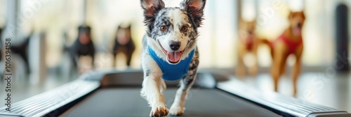 A playful dog on a treadmill, with other dogs in the background, showcasing fitness for pets.