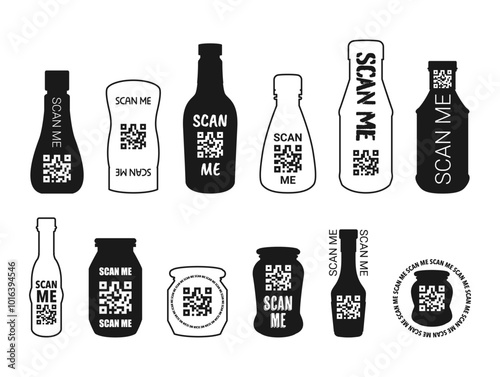 A collection of bottle icons with distinct scan me labels and QR codes in various shapes and sizes displayed on a neutral background