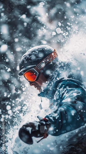 People enjoying winter sports like skiing and snowboarding, dynamic and energetic, Nature, Cool tones, Photograph, Winter sports