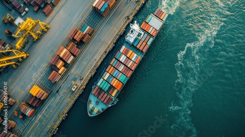 Nautical transportation handling cargo at a maritime dockyard photo