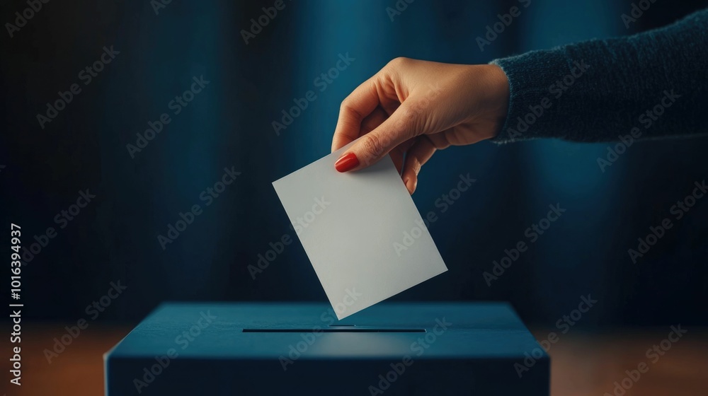 Close up image of a hand carefully dropping a ballot into a voting box symbolizing the act of civic participation and the importance of the democratic process Close up image of a hand carefully dropping a ballot into a voting box symbolizing the act of civic participation and the importance of the democratic process