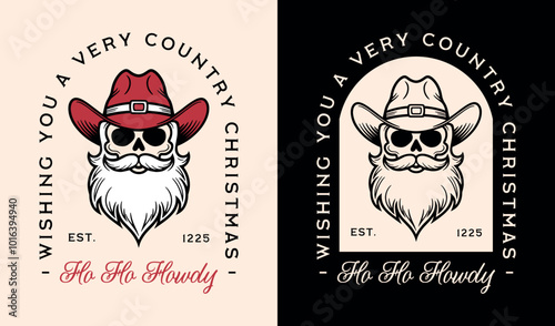Santa wearing cowboy hat western skull head howdy wishes funny wishing you a very country Christmas. Gothic dark retro vintage creepy aesthetic holiday card illustration decor shirt design cut file.