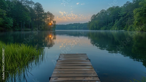 Tranquil Lakeside View at Sunrise with Scenic Dock