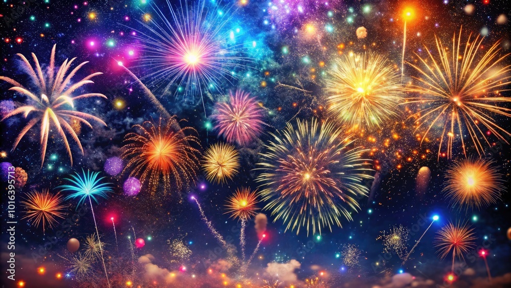 Vibrant confetti and sparkling fireworks illuminate a dark night sky, creating a joyful atmosphere for virtual celebrations and festive gatherings to usher in a new year. Vibrant confetti and sparkling fireworks illuminate a dark night sky, creating a joyful atmosphere for virtual celebrations and festive gatherings to usher in a new year.