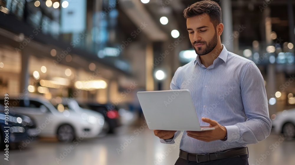 Sales consultant with a laptop in a car showroom Sales consultant with a laptop in a car showroom