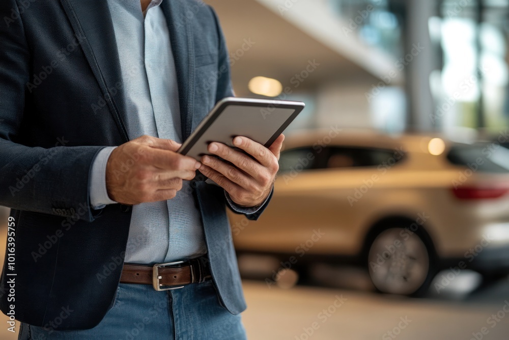 Sales consultant with a tablet assisting a customer in a car showroom Sales consultant with a tablet assisting a customer in a car showroom