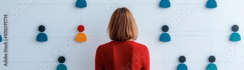 A woman in a red sweater observes a colorful wall art installation featuring abstract human figures.