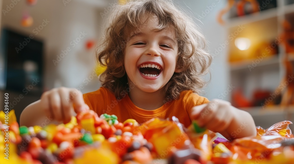 A young child laughs happily while exploring a variety of candies scattered around A young child laughs happily while exploring a variety of candies scattered around