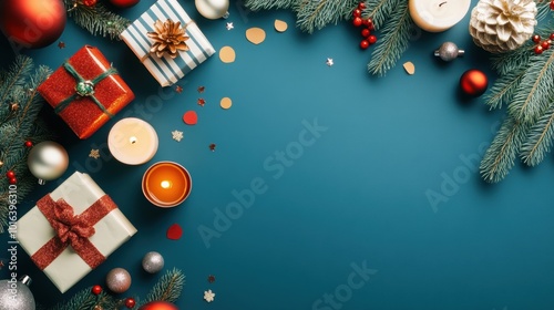 Festive Flat Lay with Candles and Christmas Decor