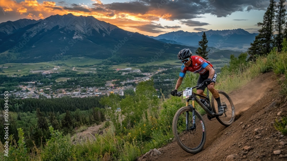 A mountain biker navigates a trail with a scenic landscape and mountains in the background. A mountain biker navigates a trail with a scenic landscape and mountains in the background.