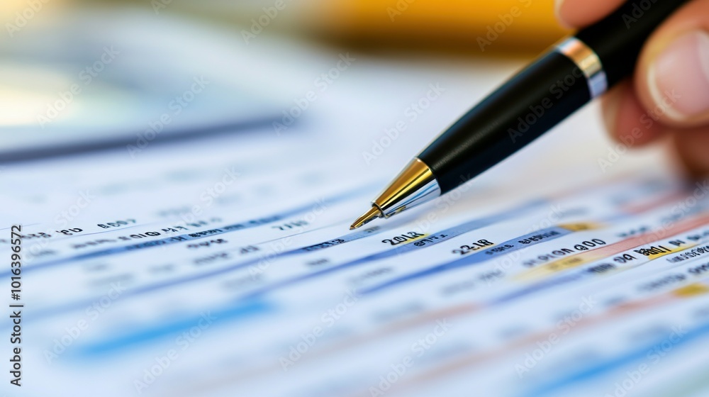 A close-up of a hand holding a pen over financial documents with data and figures. A close-up of a hand holding a pen over financial documents with data and figures.