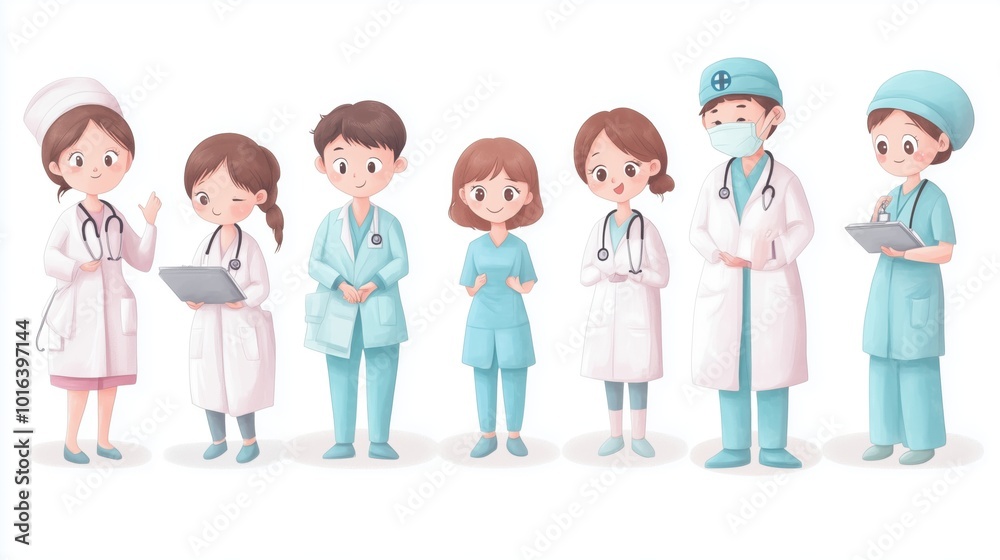 Medical professionals in cartoon style, diverse roles depicted Medical professionals in cartoon style, diverse roles depicted