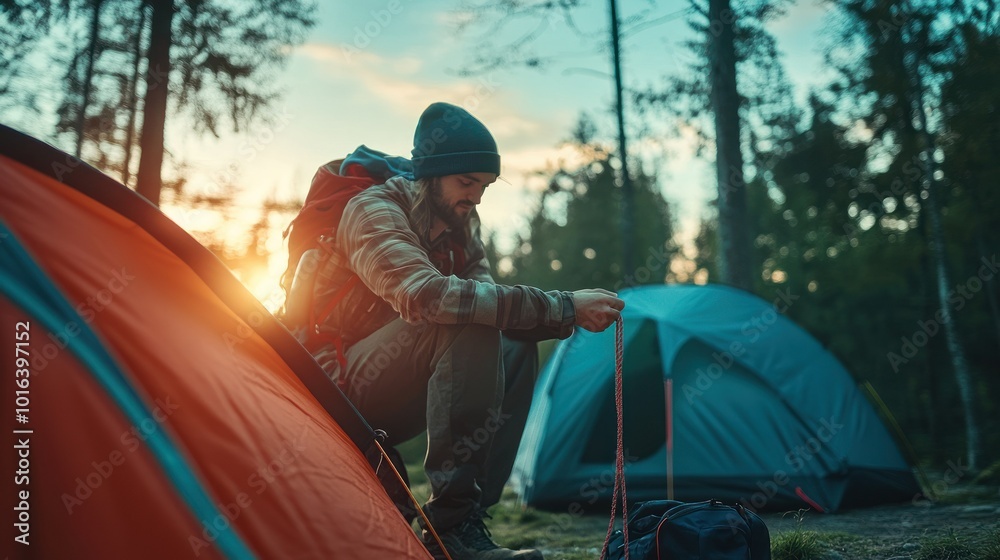 A man prepares camping gear at sunset near tents in a forested area. A man prepares camping gear at sunset near tents in a forested area.