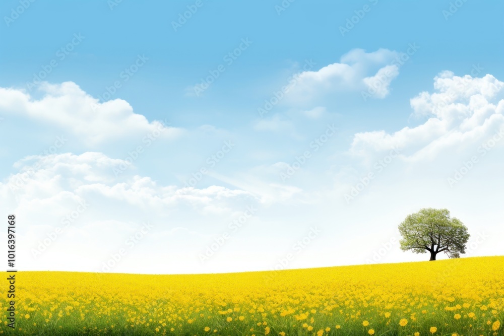 Obraz premium Hilly grass field with yellow blossom trees backgrounds landscape grassland.
