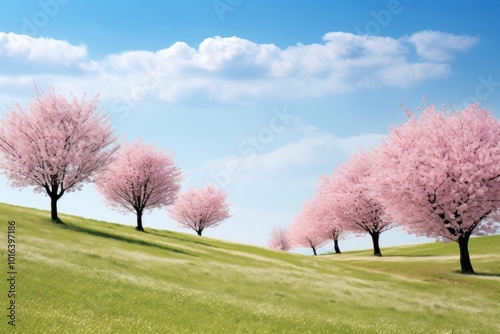 Hilly grass field with cherry blossom trees landscape outdoors nature.