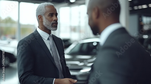 Suit and tie businessman discussing a car sale in a showroom