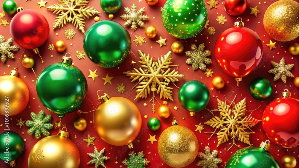Vibrant festive holiday background with glittering snowflakes, golden ornaments, and colorful balloons amidst a bright red and green palette, exuding joyful celebration spirit. Vibrant festive holiday background with glittering snowflakes, golden ornaments, and colorful balloons amidst a bright red and green palette, exuding joyful celebration spirit.
