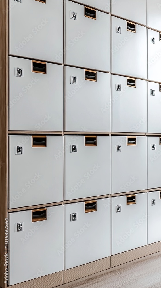 This contemporary office area displays white metal lockers alongside advanced printing machines, with vibrant plants enhancing the modern workspace atmosphere This contemporary office area displays white metal lockers alongside advanced printing machines, with vibrant plants enhancing the modern workspace atmosphere