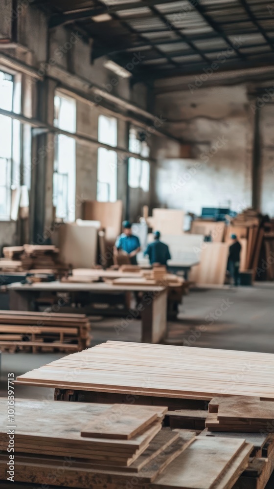 Fototapeta premium Several workers focus on carpentry tasks in a spacious woodworking workshop filled with materials