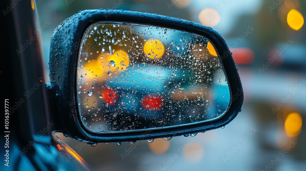 Rain-Covered Rearview Mirror Reflecting City Lights Rain-Covered Rearview Mirror Reflecting City Lights