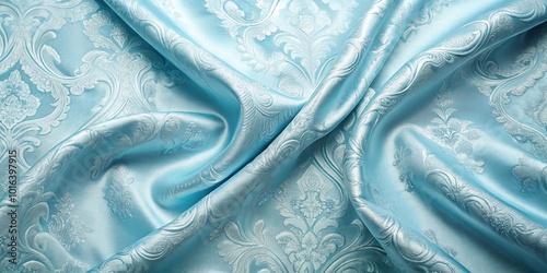 Aerial light blue silk damask fabric with moire pattern