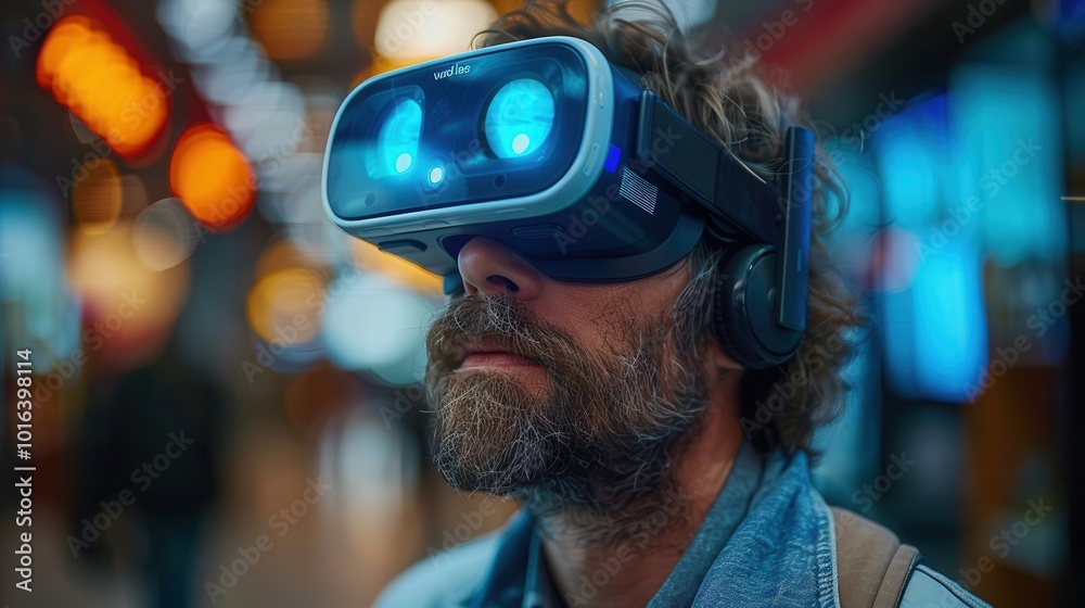 Man Experiencing Virtual Reality in Urban Setting Man Experiencing Virtual Reality in Urban Setting